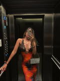 Orange Print Floral V Neck Black Lace Chiffon Long Outfit Party Dress Vacation Dress Birthday Dress HZ1023