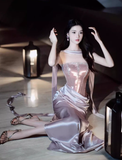 Purple Exquisite Beaded Sheath Strapless Corset Satin Prom Dress Party Dress with Slit HZ1023