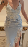 Vintage Sheath Spaghetti Strap Lace Baby Blue Satin Party Dress Evening Dress with Slit HZ1023