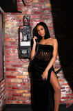Strapless Classic Black Velvet Side Slit Prom Dress Long Party Dress HZ1023