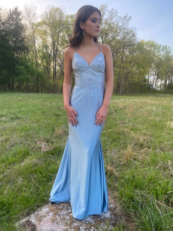 Blue Mermaid Beaded Long Prom Dress Evening Dress HZ1023