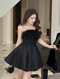 Cute Black A Line Strapless Corset Feather Satin Short Homecoming Dress Cocktail Dress HZ1023