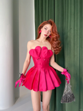 Unique Vintage A Line Strapless Pleated Hot Pink Satin Party Dress Homecoming Dress HZ1023