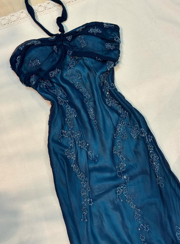 Vintage Mermaid Halter Beaded Navy Blue Chiffon Prom Dress Evening Dress HZ1023