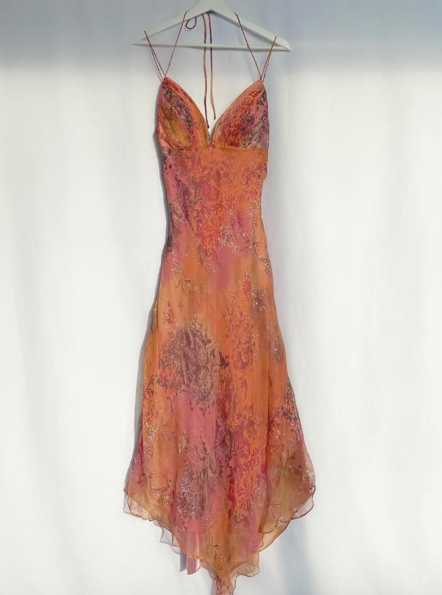 Retro Orange Print Floral A Line Spaghetti Strap Chiffon Homecoming Dress Outfits HZ1023