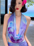Two Piece Mermaid Halter Purple Print Floral Chiffon Long Prom Dress Outfits HZ1023