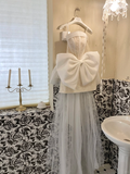 White Bow A Line Strapless Beaded Lace Satin Short Homecoming Dress Birthday Dress HZ1023