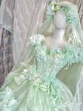 Exquisite Light Green Floral A Line Beaded Tulle Prom Dress Party Dress HZ1023