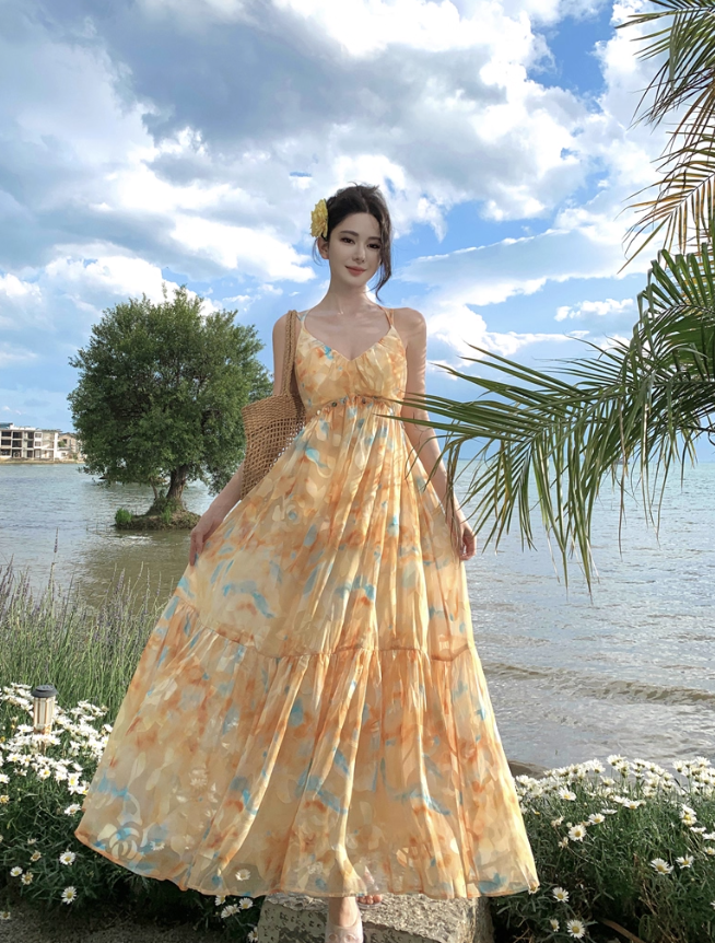 Flowy A Line Spaghetti Strap Floral Yellow Chiffon Prom Dress Vacation Dress HZ1023