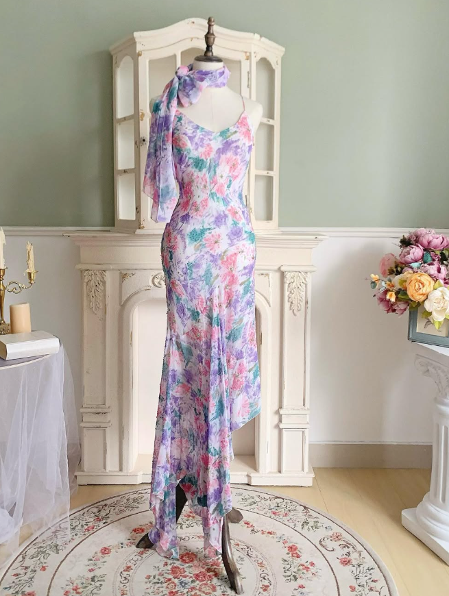 Purple Vintage Mermaid Spaghetti Strap Beaded Print Floral Chiffon Party Dress Prom Dress HZ1023