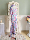 Purple Vintage Mermaid Spaghetti Strap Beaded Print Floral Chiffon Party Dress Prom Dress HZ1023