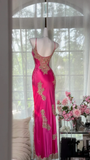 Vintage Sheath Spaghetti Strap Lace Champagne Satin Party Dress Evening Dress with Slit HZ1023