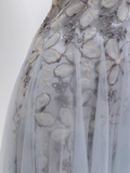 Stunning A Line Spaghetti Strap Floral Blue Tulle Prom Dress Wedding Guest Dress HZ1023