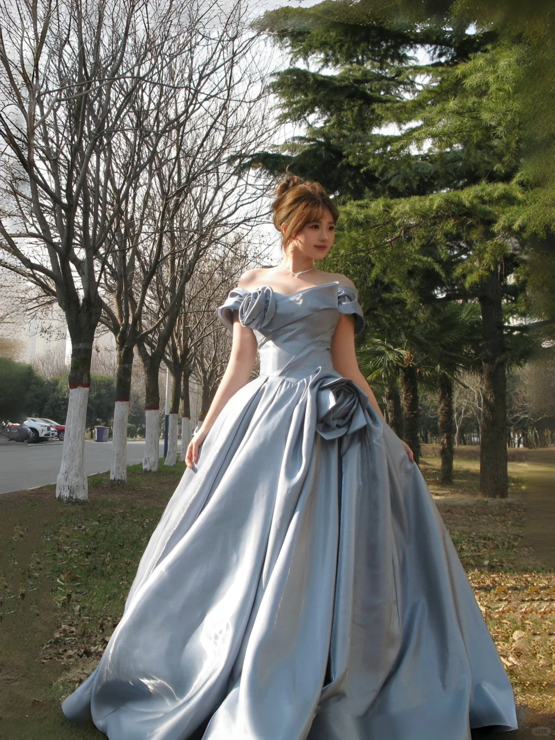 Blue A Line Off the Shoulder Flower Satin Long Party Dress Birthday Dress HZ1023