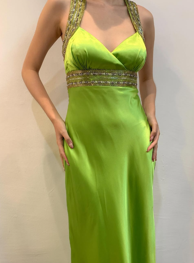 Vintage Sheath Strap Beaded Sequin Green Satin Open Back Prom Dress Evening Dress HZ1023