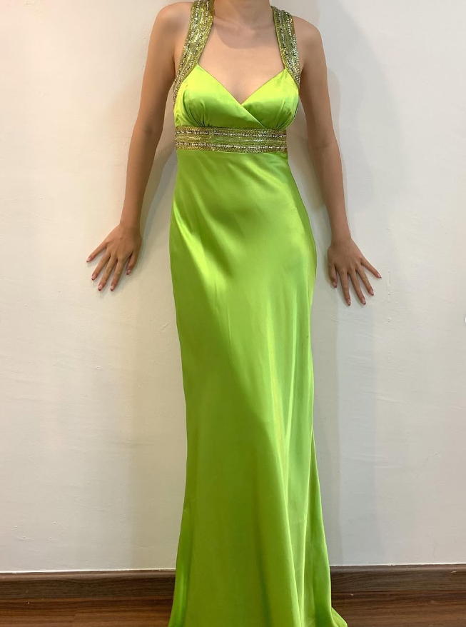 Vintage Sheath Strap Beaded Sequin Green Satin Open Back Prom Dress Evening Dress HZ1023