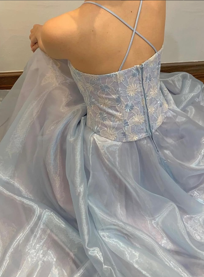Blue A Line Spaghetti Strap Embroidered Tulle Satin Prom Dress Evening Dress HZ1023