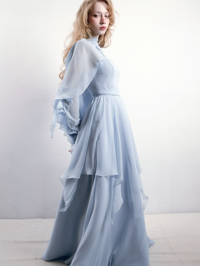 Blue A Line Straps Chiffon Slit Long Prom Dress Evening Dress with Cape HZ1023