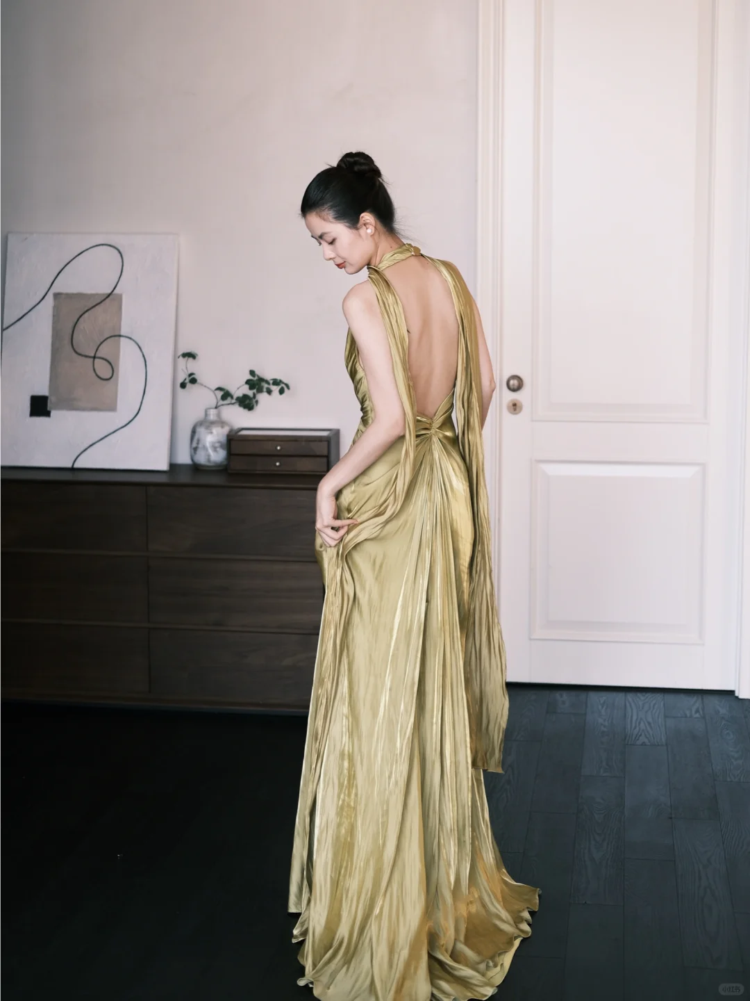 Simple Olive Green A Line V Neck Pleated Satin Prom Dress Party Dresses HZ1023