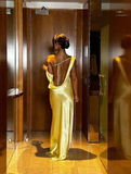 Yellow Sheath Column Open Back Satin Long Prom Dress Evening Dress HZ1023