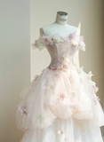 Floral A Line Off the Shoulder Pink Tulle Party Dress Evening Dress HZ1023