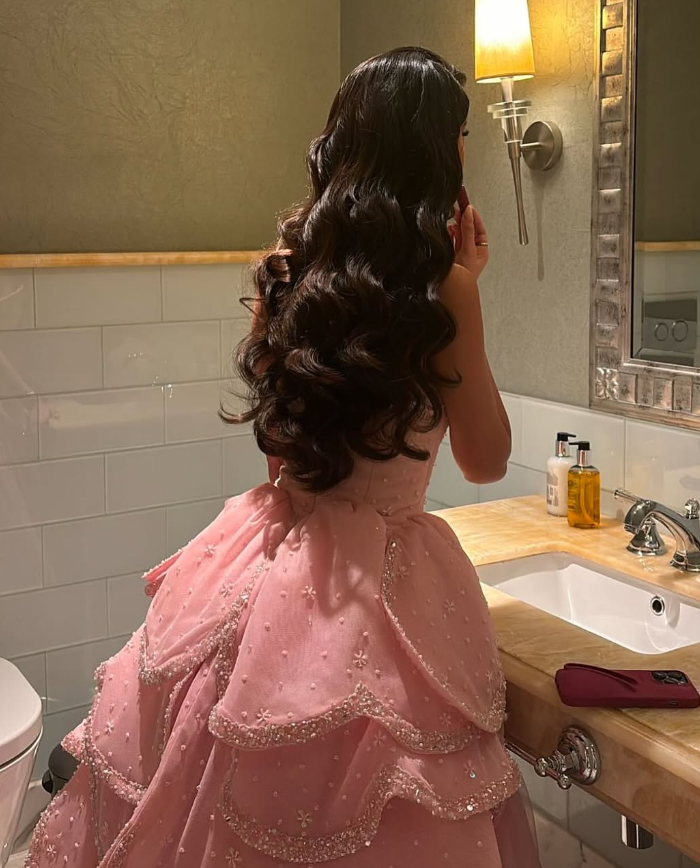 Pink A Line Strapless Tiered Beaded Tulle Party Dress Evening Dress Ball Gown HZ1023