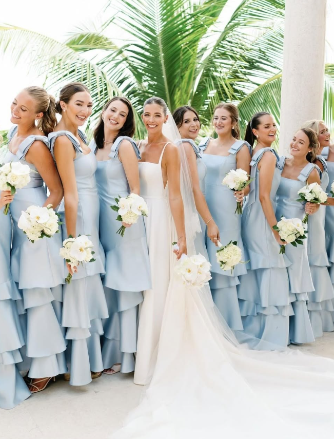 Baby Blue Mermaid Straps Tiered Satin Prom Dress Bridesmaid Dress HZ1023