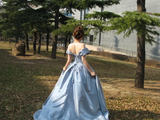 Blue A Line Off the Shoulder Flower Satin Long Party Dress Birthday Dress HZ1023