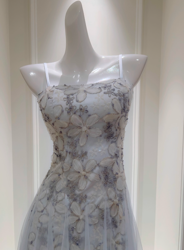 Stunning A Line Spaghetti Strap Floral Blue Tulle Prom Dress Wedding Guest Dress HZ1023