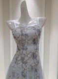Stunning A Line Spaghetti Strap Floral Blue Tulle Prom Dress Wedding Guest Dress HZ1023