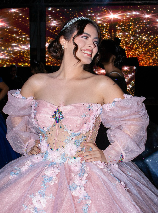 Romantic Poofy Pink Floral Wedding Dresses Off the Shoulder Ball Gown Quinceanera Dress HZ1023