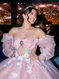Romantic Poofy Pink Floral Wedding Dresses Off the Shoulder Ball Gown Quinceanera Dress HZ1023