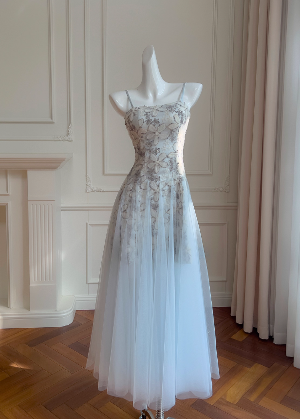 Stunning A Line Spaghetti Strap Floral Blue Tulle Prom Dress Wedding Guest Dress HZ1023