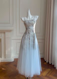 Stunning A Line Spaghetti Strap Floral Blue Tulle Prom Dress Wedding Guest Dress HZ1023