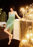 Shiny Bright Green Sequin A Line Spaghetti Strap Short Homecoming Dress Cocktail Dress HZ1023