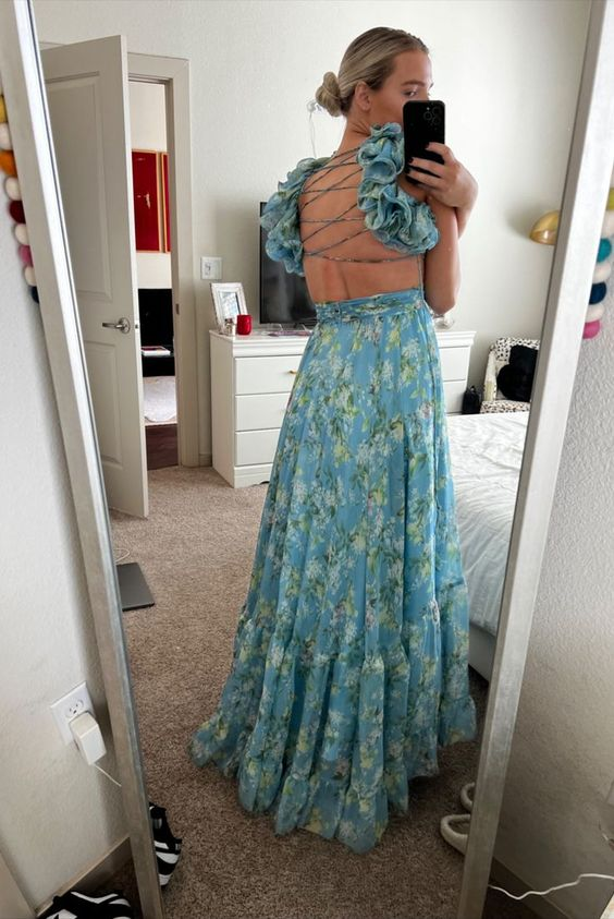 Bohemian Style Chiffon Floral Prom Dress Evening Dress Party Dress HZ1023