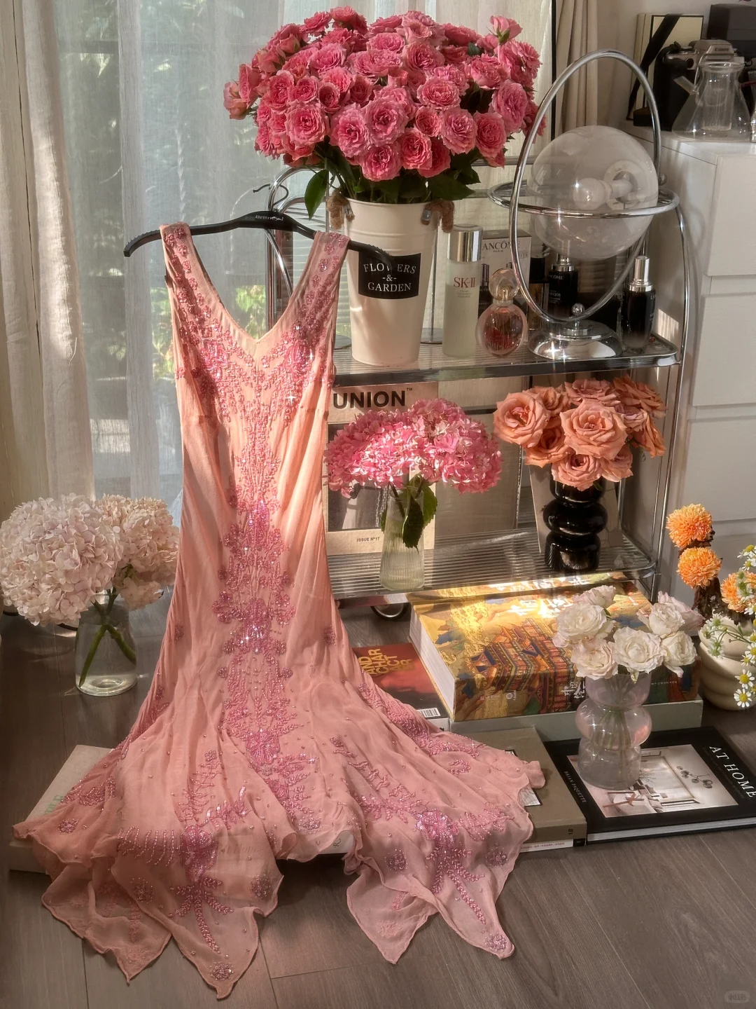 Vintage Romantic Pink Beaded V Neck Chiffon Evening Dress Party Dress HZ1023