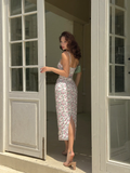 Vintage Sheath Spaghetti Strap Pink Print Floral Satin Prom Dress Evening Dress HZ1023