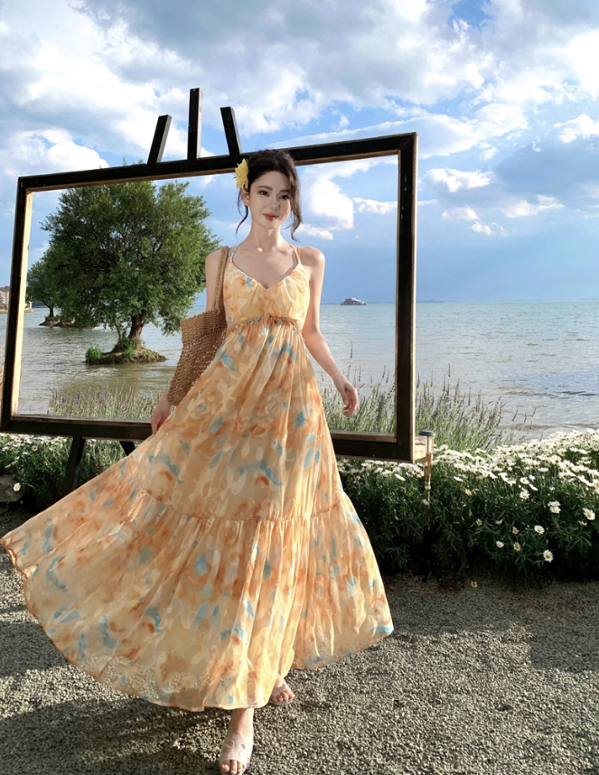 Flowy A Line Spaghetti Strap Floral Yellow Chiffon Prom Dress Vacation Dress HZ1023