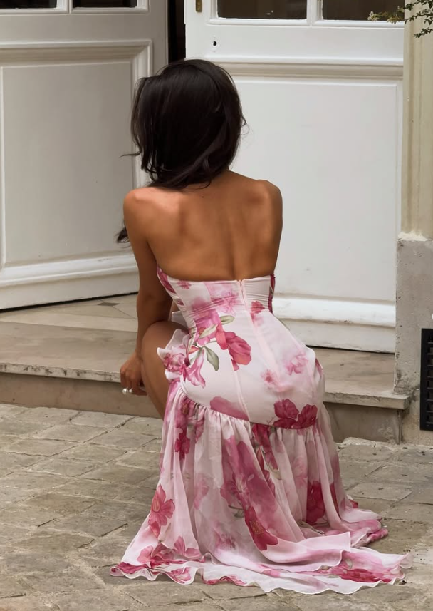 Pink Print Floral A Line Straps Ruffle Chiffon Prom Dress Party Dress HZ1023