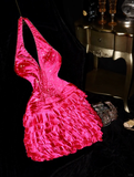 Barbie Pink Cute A Line Halter Beaded Layered Satin Short Homecoming Dress Party Dress HZ1023