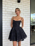 Cute A Line Spaghetti Strap Printed Floral Black Tulle Short Homecoming Dress Outfits HZ1023