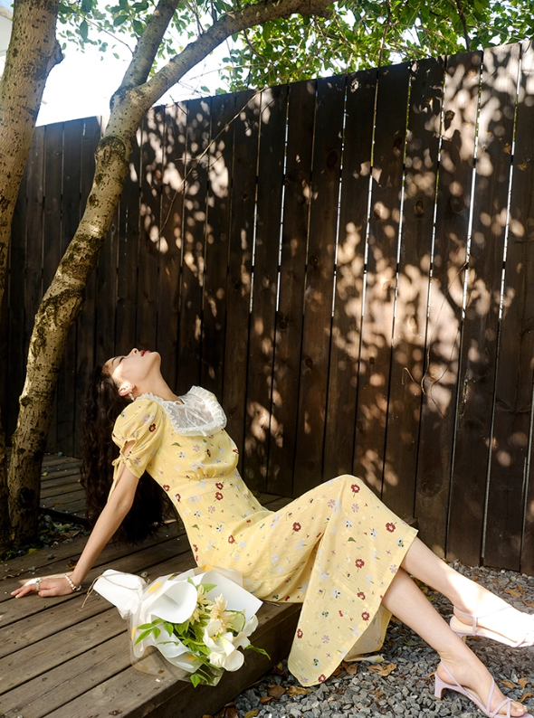 Cute A Line Puff Print Floral Lace Yellow Chiffon Summer Dress Party Dress Outfits HZ1023