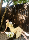 Cute A Line Puff Print Floral Lace Yellow Chiffon Summer Dress Party Dress Outfits HZ1023