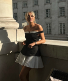 Cute A Line Off the Shoulder Black White Satin Short Homecoming Dress Birthday Dress HZ1023