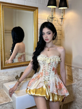 Golden A Line Sweetheart Neck Lace Satin Short Prom Dress Homecoming Dress HZ1023