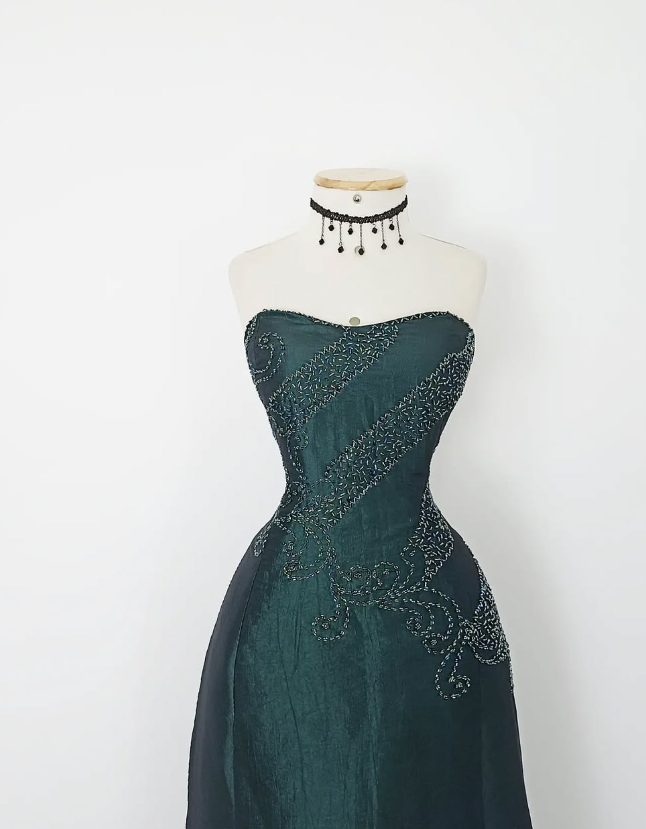 Vintage A Line Sweetheart Neck Green Beaded Satin Long Evening Dress Party Dress HZ1023