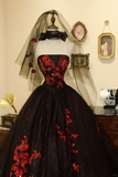 Black Sequin Appliques Ball Gown Strapless Long Prom Dress Evening Dress HZ1023
