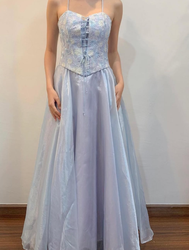 Blue A Line Spaghetti Strap Embroidered Tulle Satin Prom Dress Evening Dress HZ1023