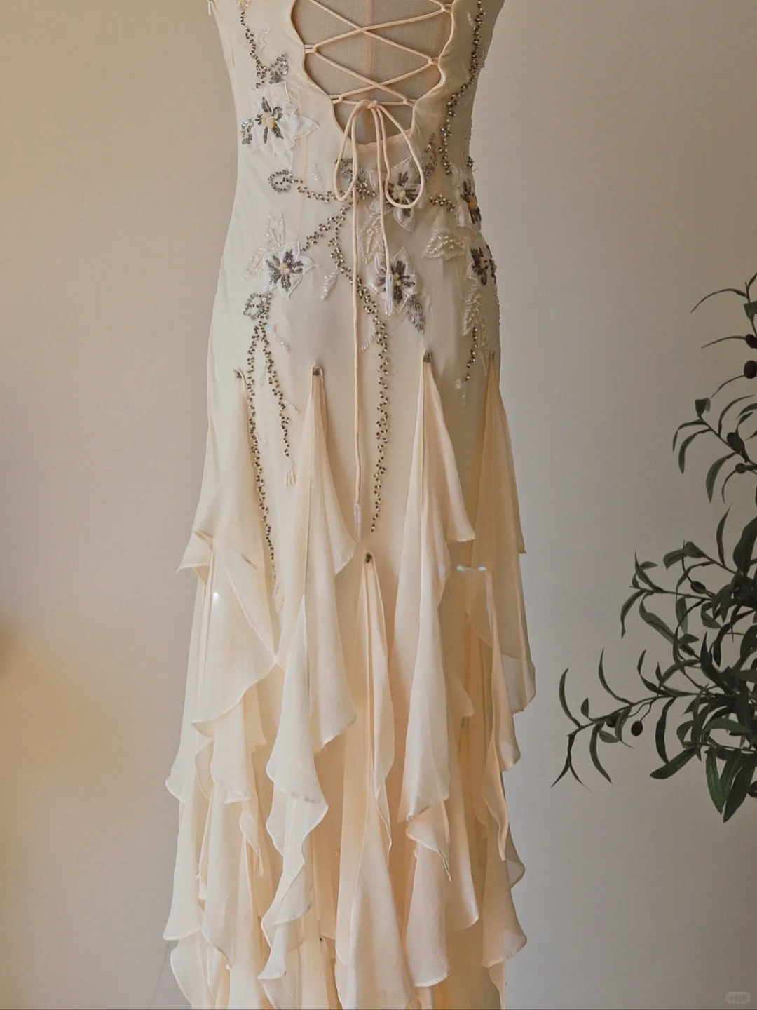 Apricot Mermaid Spaghetti Strap Embroidered Beaded Ruffle Chiffon Prom Dress Formal Dress HZ1023